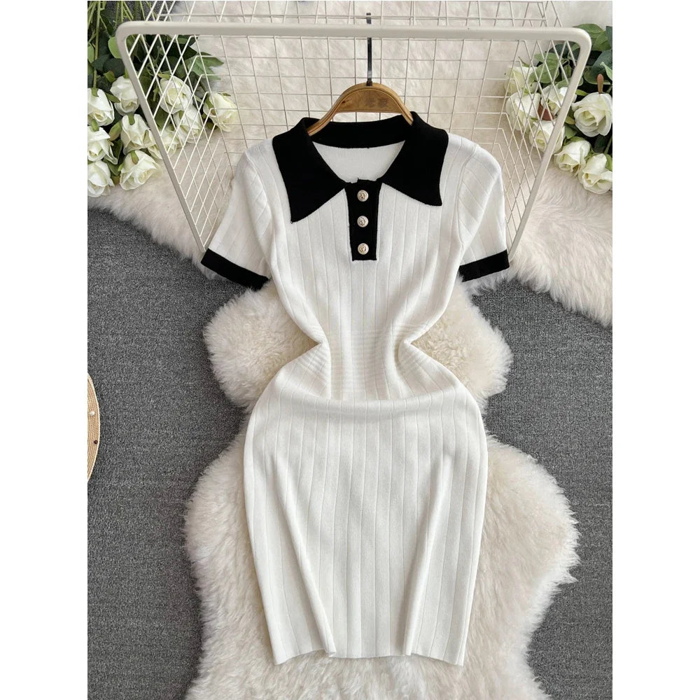 Polo Collar Patchwork Dresses Office Lady Casual Short Sleeve Knitted Dress Slim Mid Length Women Spring Summer Streetwear - JN Fashion Fusion