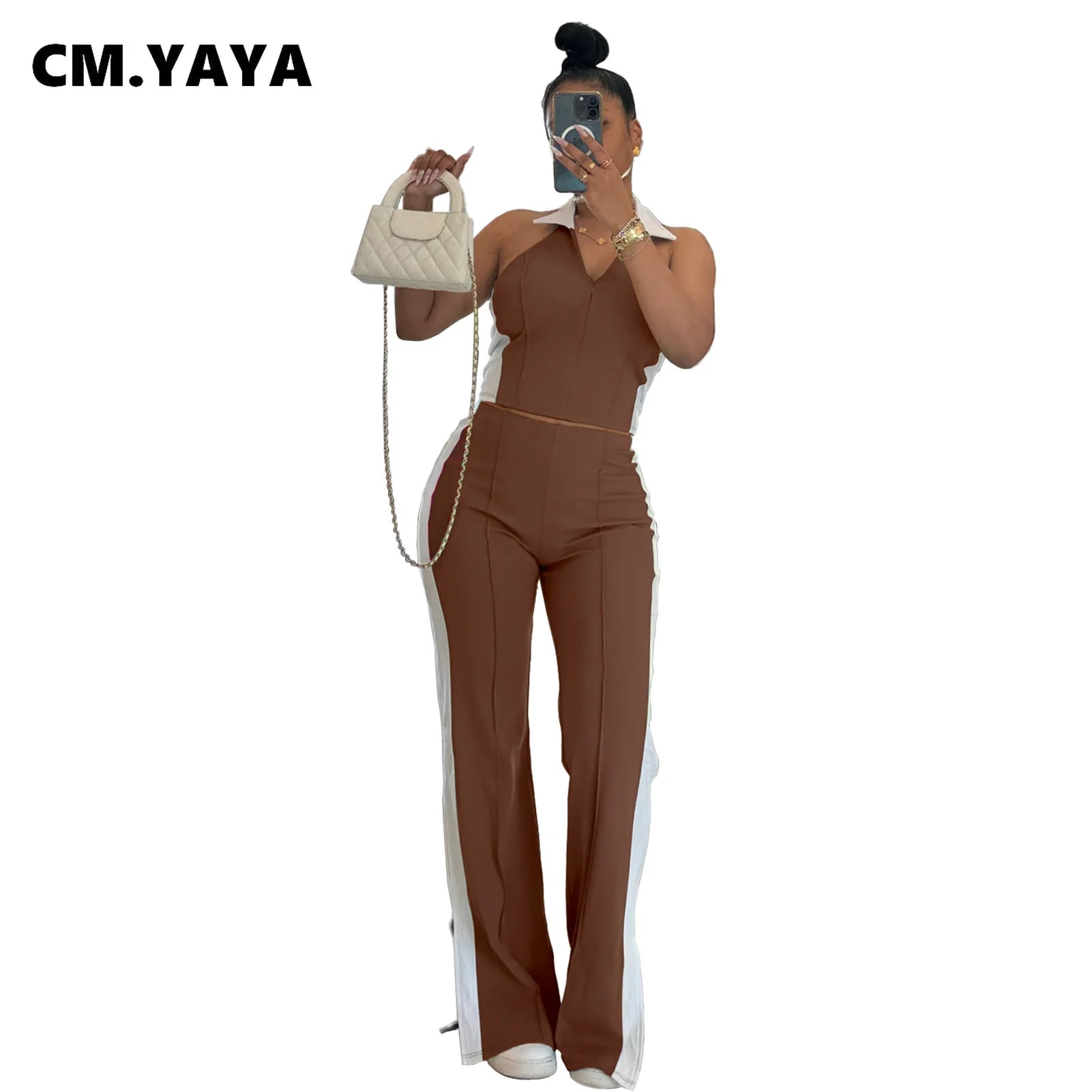 CM.YAYA Sporty Patchwork Women's Set Sleeveless Polo-tank Tops and Slit Flare Pants 2025 Active Two 2 Piece Set Outfit Tracksuit - JN Fashion Fusion