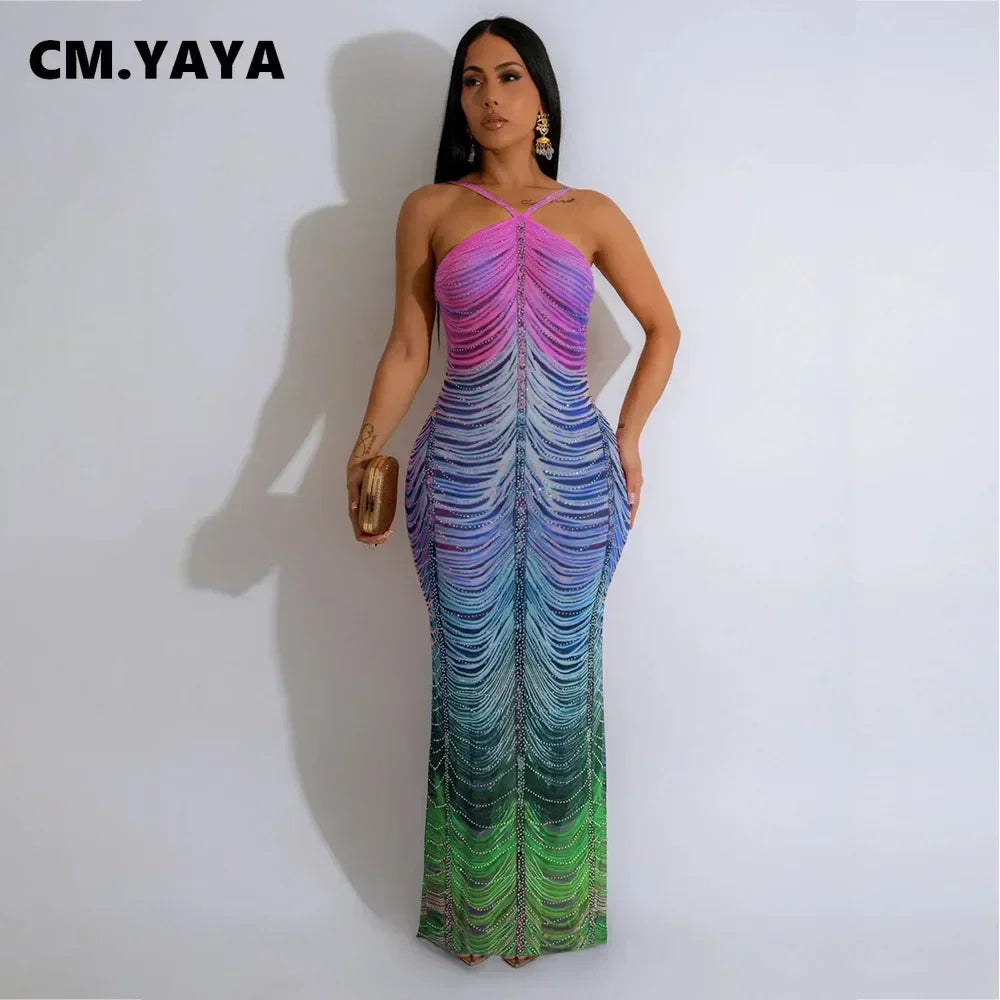 CM.YAYA 2024 Beach Tie Dye Print Diamonds Strap Halter Women's Long Dress Sexy Night Party Sleeveless Bodycon Pencil Dresses - JN Fashion Fusion