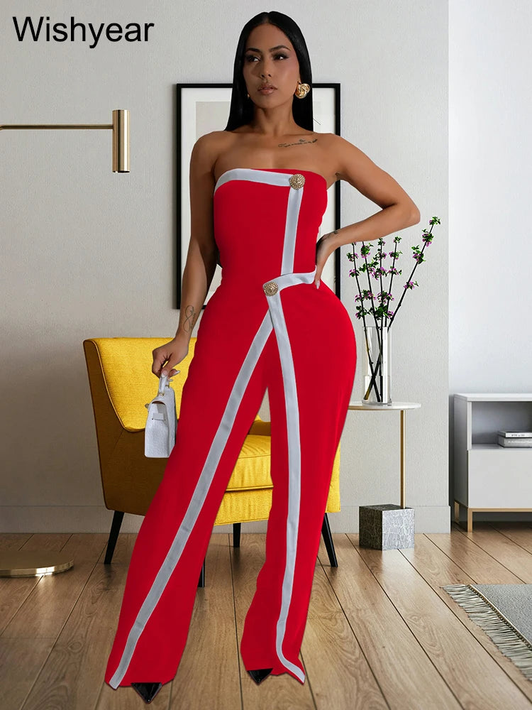 Wishyear Irregular Off Shoulder Sleeveless Strapless Jumpsuits Women Button Patchwork Wide Leg Pants Evening One Piece Outfits - JN Fashion Fusion