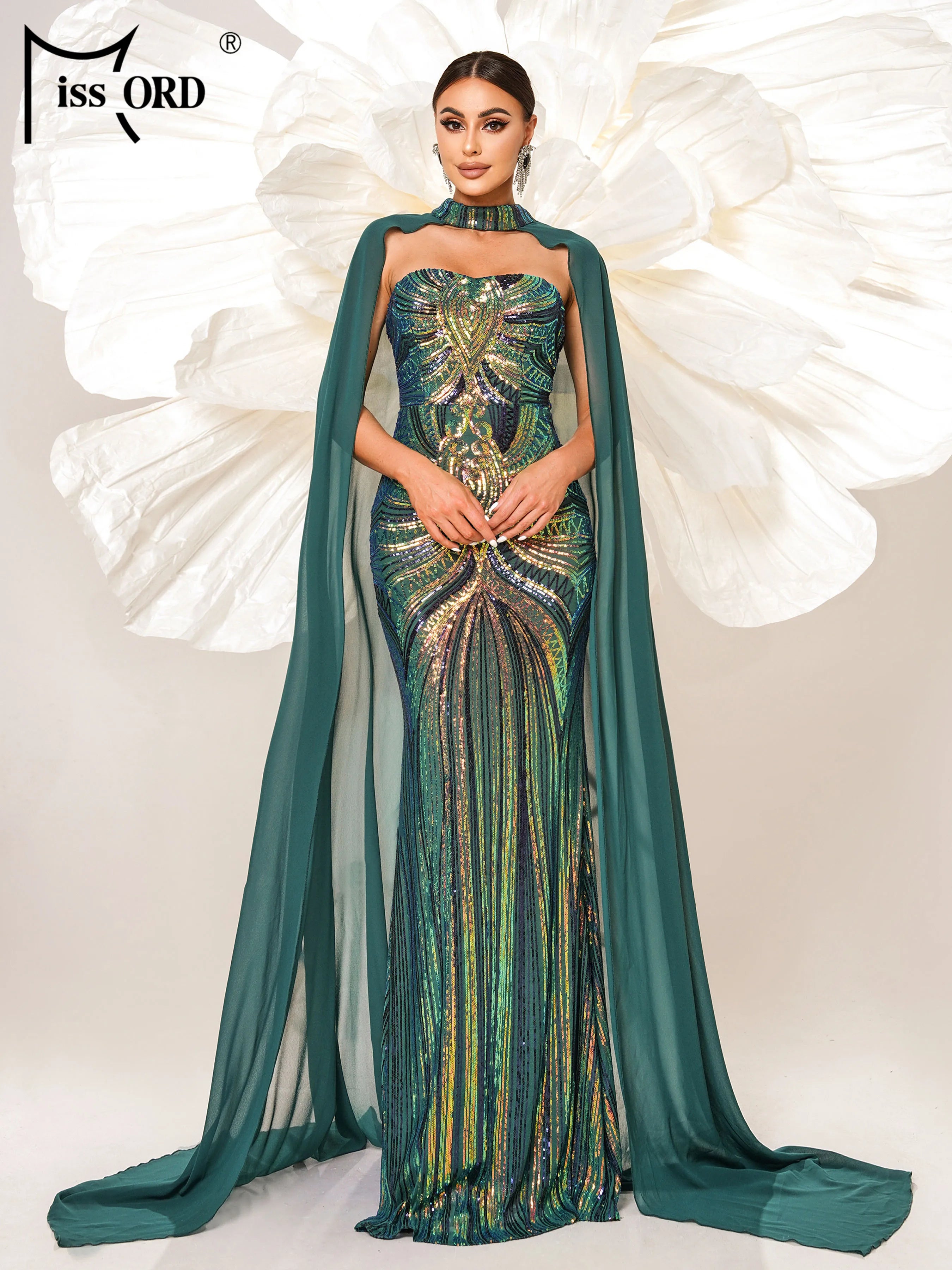 Missord Green Elegant Shawl Floor Length Dress Sequin Mermaid Evening Formal Occasion Wedding Birthday Party Cocktail Dress