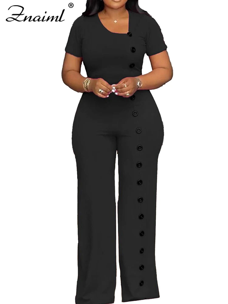 Znaiml Women Elegant Long Jumpsuits for Party Summer Short Sleeve Buttons Solid Color Wide Leg Pants Rompers One Pieces Overalls - JN Fashion Fusion