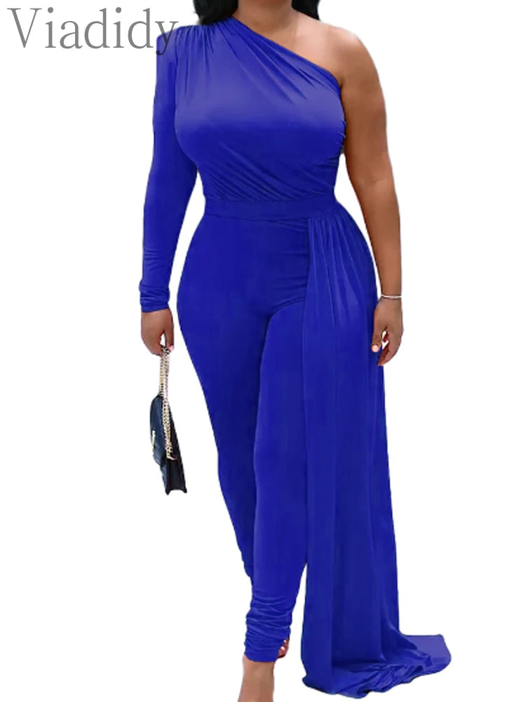 Red Puff Sleeve One Shoulder Long Sleeve Jumpsuits - JN Fashion Fusion