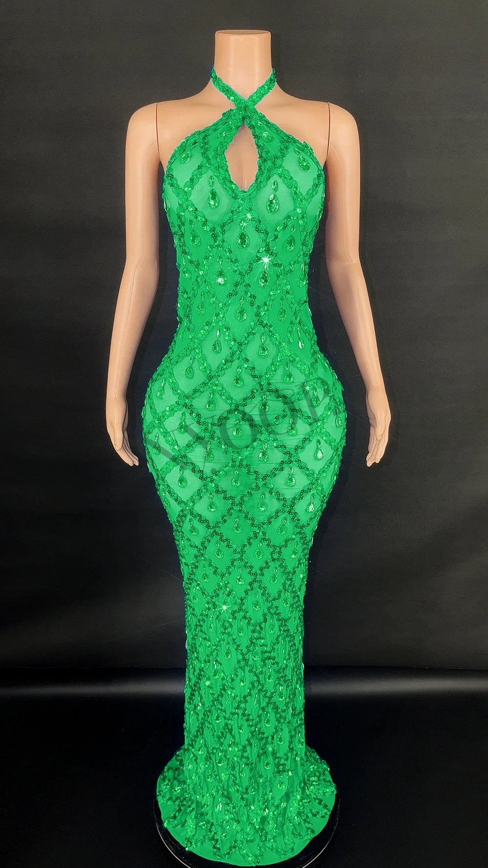 Sparkly Rhinestones Long Dress for Women Sexy V Neck Backless Mesh Transparent Celebrate Evening Wedding Prom Birthday Dress - JN Fashion Fusion