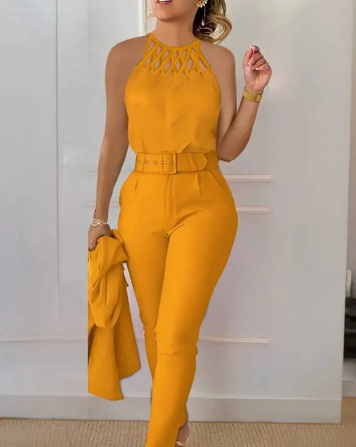 Two Piece Set Women Outfit 2024 Summer Fashion Hollow Out Round Neck Sleeveless Tank Top & Casual Pocket Daily Pants Set PP9X - JN Fashion Fusion