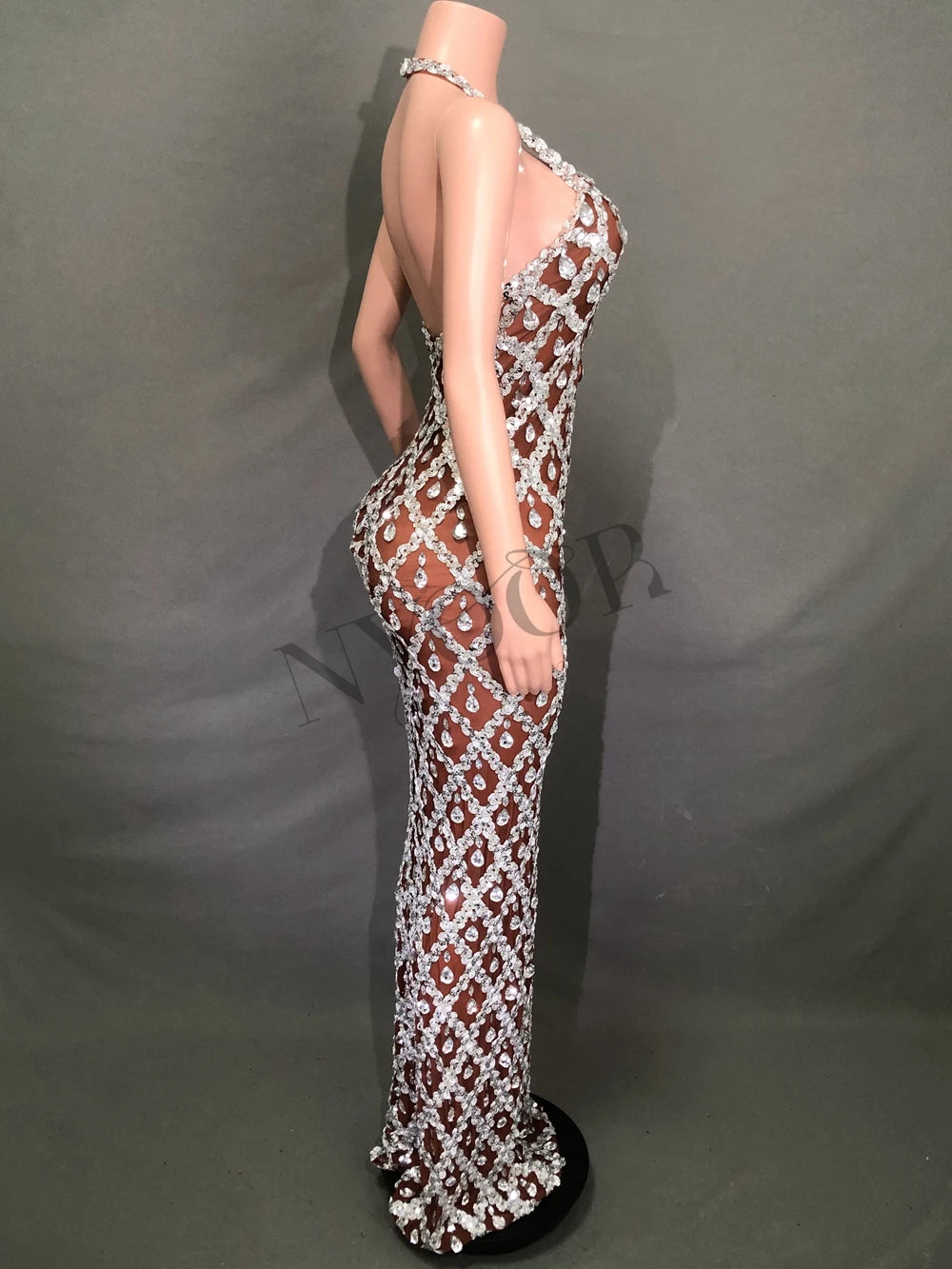 Sparkly Rhinestones Long Dress for Women Sexy V Neck Backless Mesh Transparent Celebrate Evening Wedding Prom Birthday Dress - JN Fashion Fusion