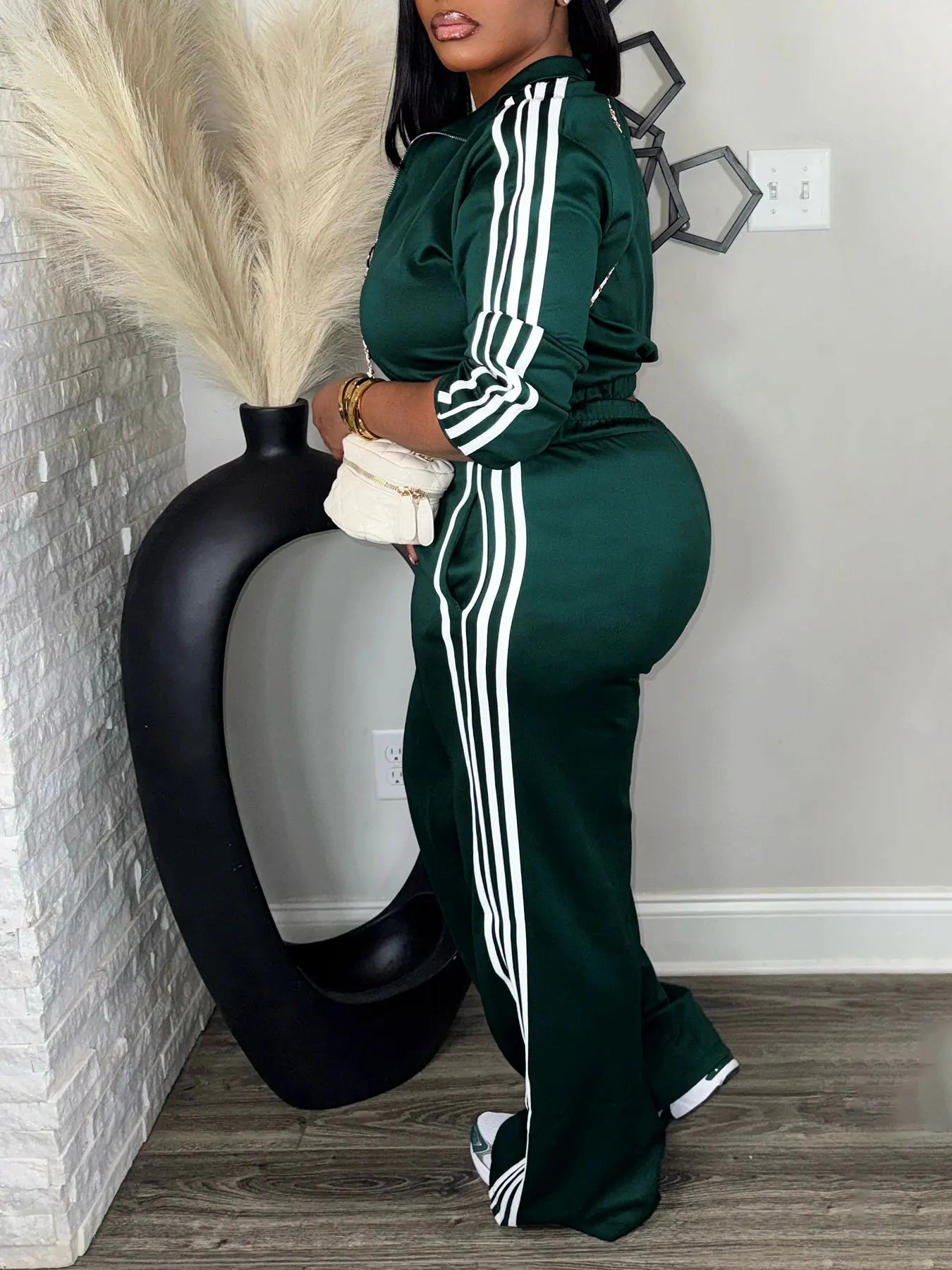 Women’s 2 Piece Tracksuit Set Zip-Up Top + High Waist Pants Side Stripe Casual Outfit - JN Fashion Fusion