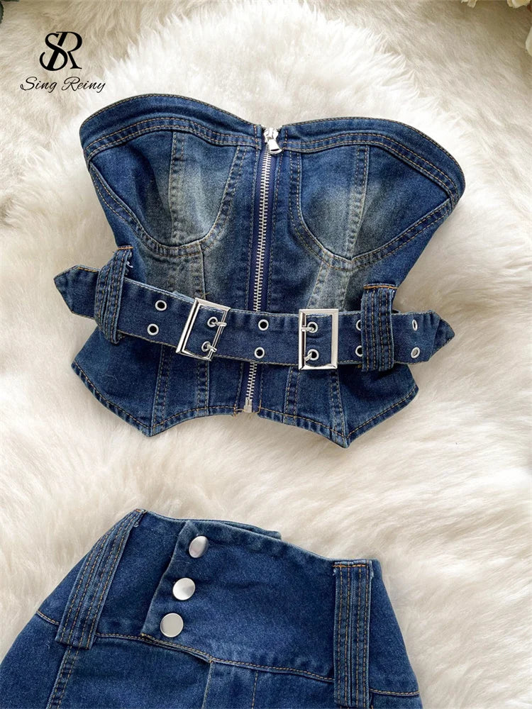 SINGREINY Sexy Vintage Denim Sets Strapless Zipper Backless Belt Mini Top+High Waist Bodycon Skirt Women Summer Fashion Suits - JN Fashion Fusion
