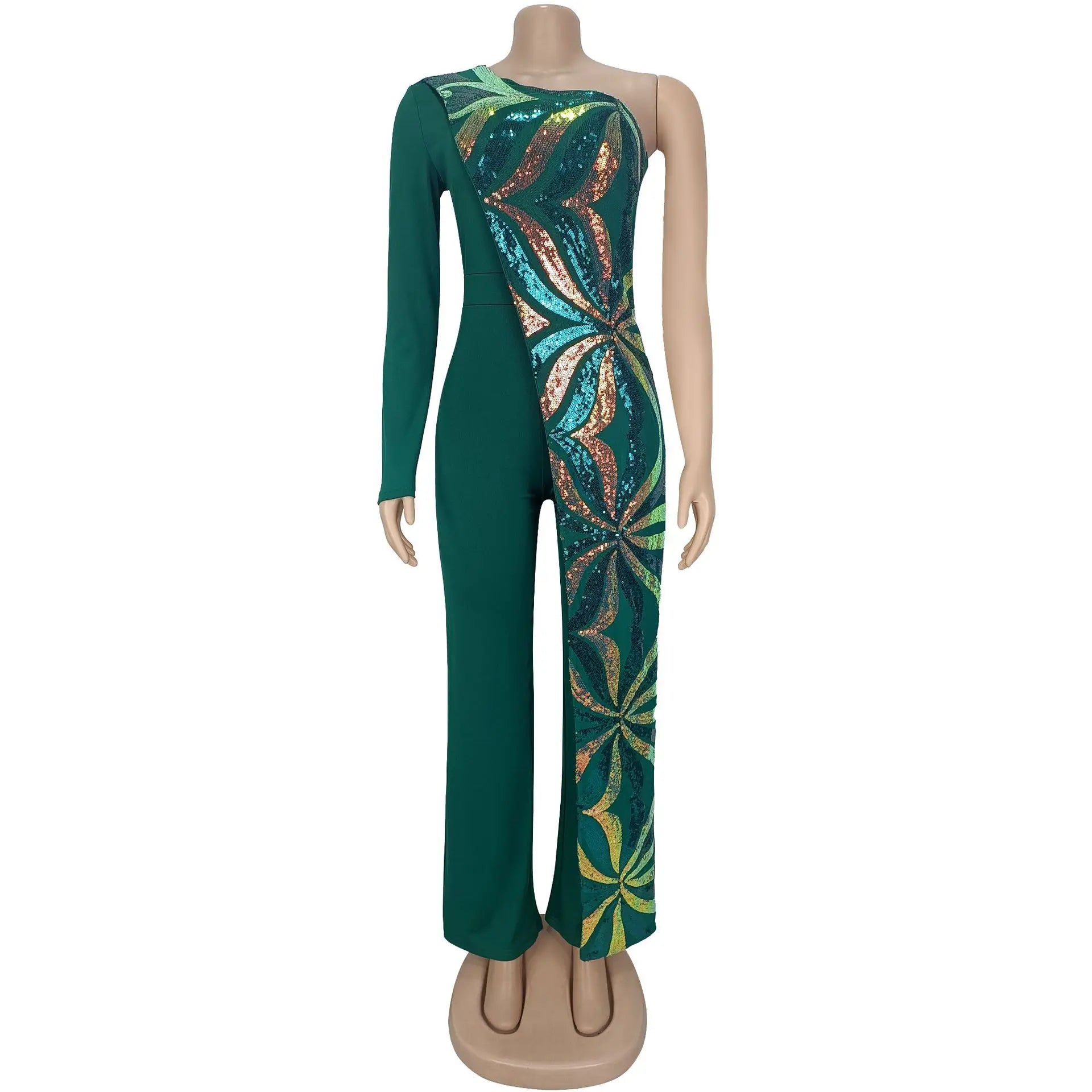 CM.YAYA Women One Long Sleeve Strapless Sequined Wide Leg Jumpsuits 2025 Summer Evening Party One Piece Set Romper Playsuit