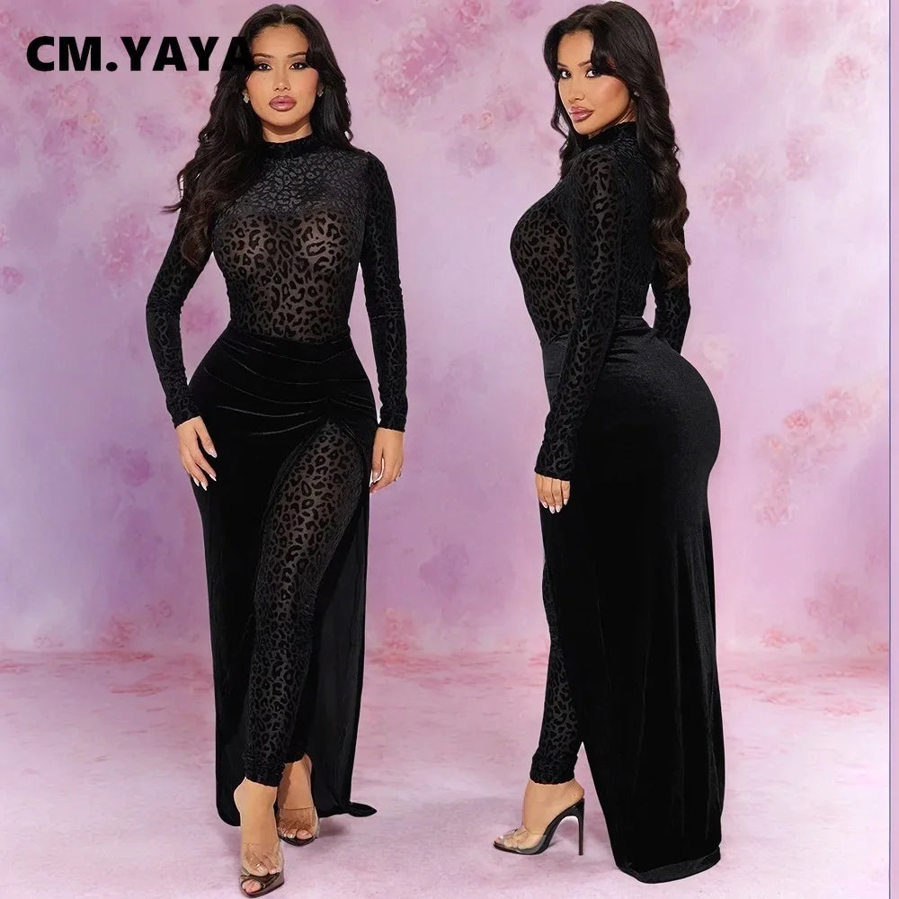 CM.YAYA Women's Set Leopard Velvet Long Sleeve Jumpsuits +Long Skirts 2025 Spring Streetwear Sexy Party Two 2 Piece Sets Outfits - JN Fashion Fusion
