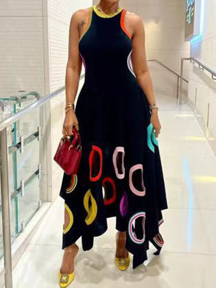 Women's Circle Hollow Out Tank Dress Round Neck Asymmetric Hem Pleated A-Line Casual Elegant Sleeveless High Street Sexy Dress - JN Fashion Fusion