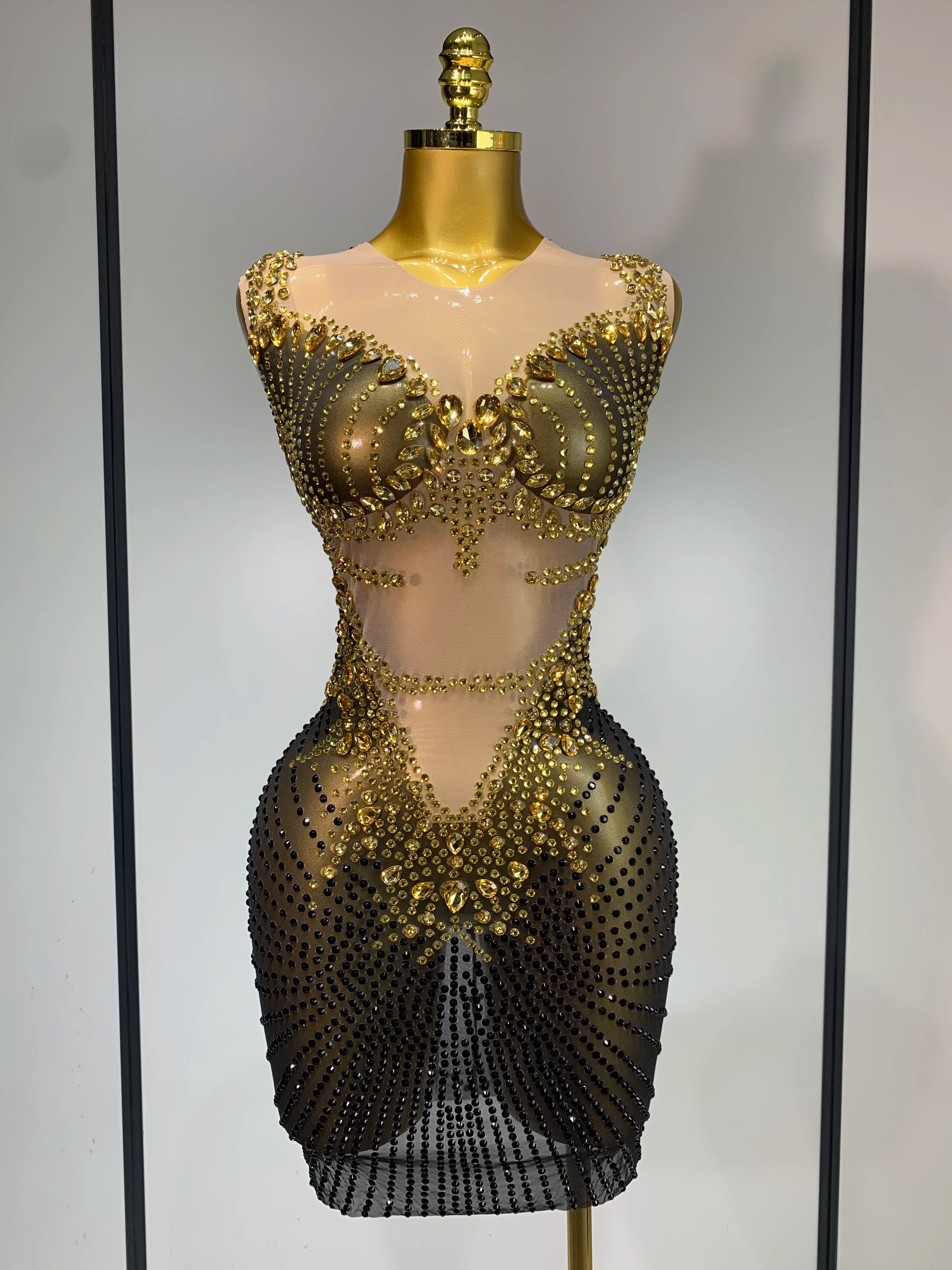 Sparkly Gold Rhinestone Transparent Sleeveless Mini Dress Evening Birthday Celebrate Party Nightclub Dance Performance Outfit - JN Fashion Fusion