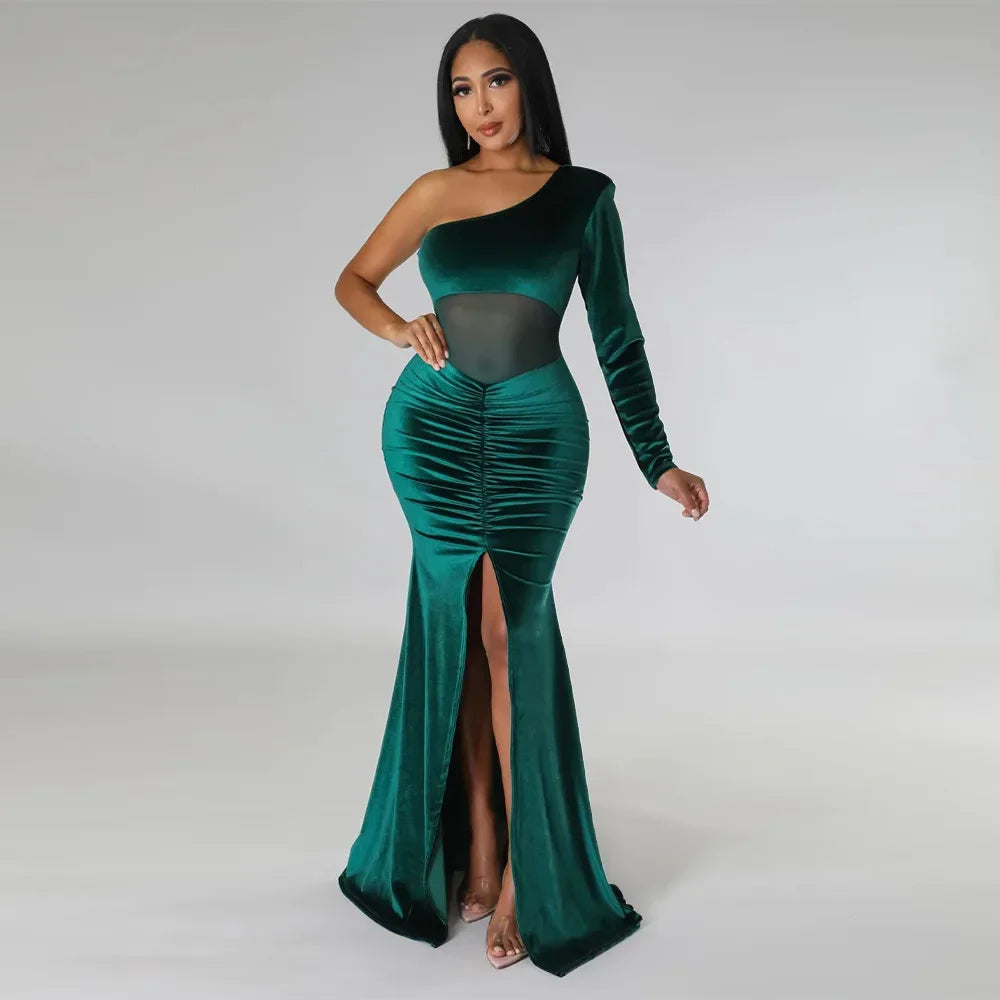 CM.YAYA Women Velvet Mesh Patchwork One Shoulder Long Sleeve High Slit Floor Length Mermaid Bodycon Midi Sexy Party Club Dresses - JN Fashion Fusion