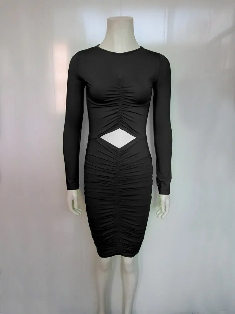 Sexy Waist Cut Out Hollow Out Folds Slim Bodycon Dress Women Long Sleeved Solid Color Skinny Evening Dress Club Party Vestidos - JN Fashion Fusion