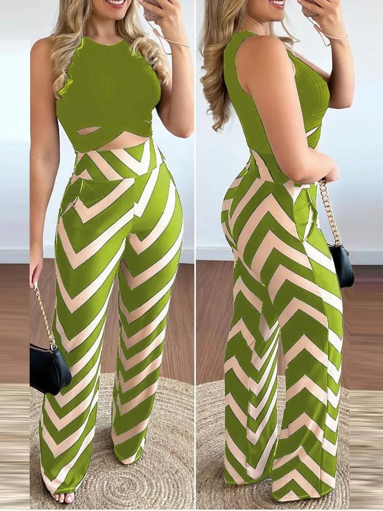 Spring Summer New Sleeveless Short Top Women's Suit Fashion Printed Trousers Slim Slim Simple Elegant Female Office 2 Piece Set - JN Fashion Fusion