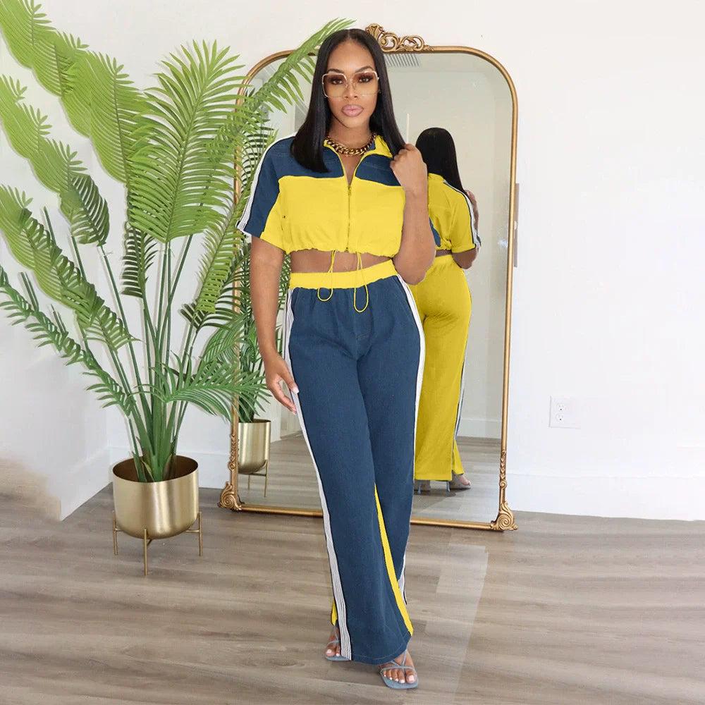 CM.YAYA Women Set Short Sleeve Jackets tops + Denim Patchwork Pant Suits 2025 Two 2 Piece Sets Sporty Tracksuits Street Outfits - JN Fashion Fusion