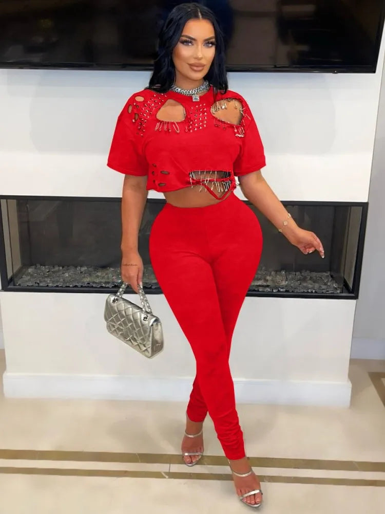 Joskaa Elegant 2 Piece Set Women Sexy Hollow Pin Short Sleeve Crop Tops and Pencil Pants Matching 2025 Summer Party Club Outfits - JN Fashion Fusion