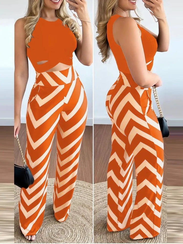 Spring Summer New Sleeveless Short Top Women's Suit Fashion Printed Trousers Slim Slim Simple Elegant Female Office 2 Piece Set - JN Fashion Fusion