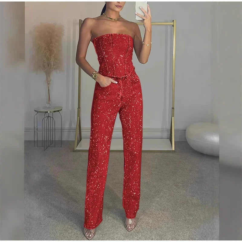 Sexy Women's Sparkling Rhinestone Denim Set Corset Shaping Crop Top Matching Slim Fit Jeans Party Clubwear Cowgirl Style 2pcs - JN Fashion Fusion