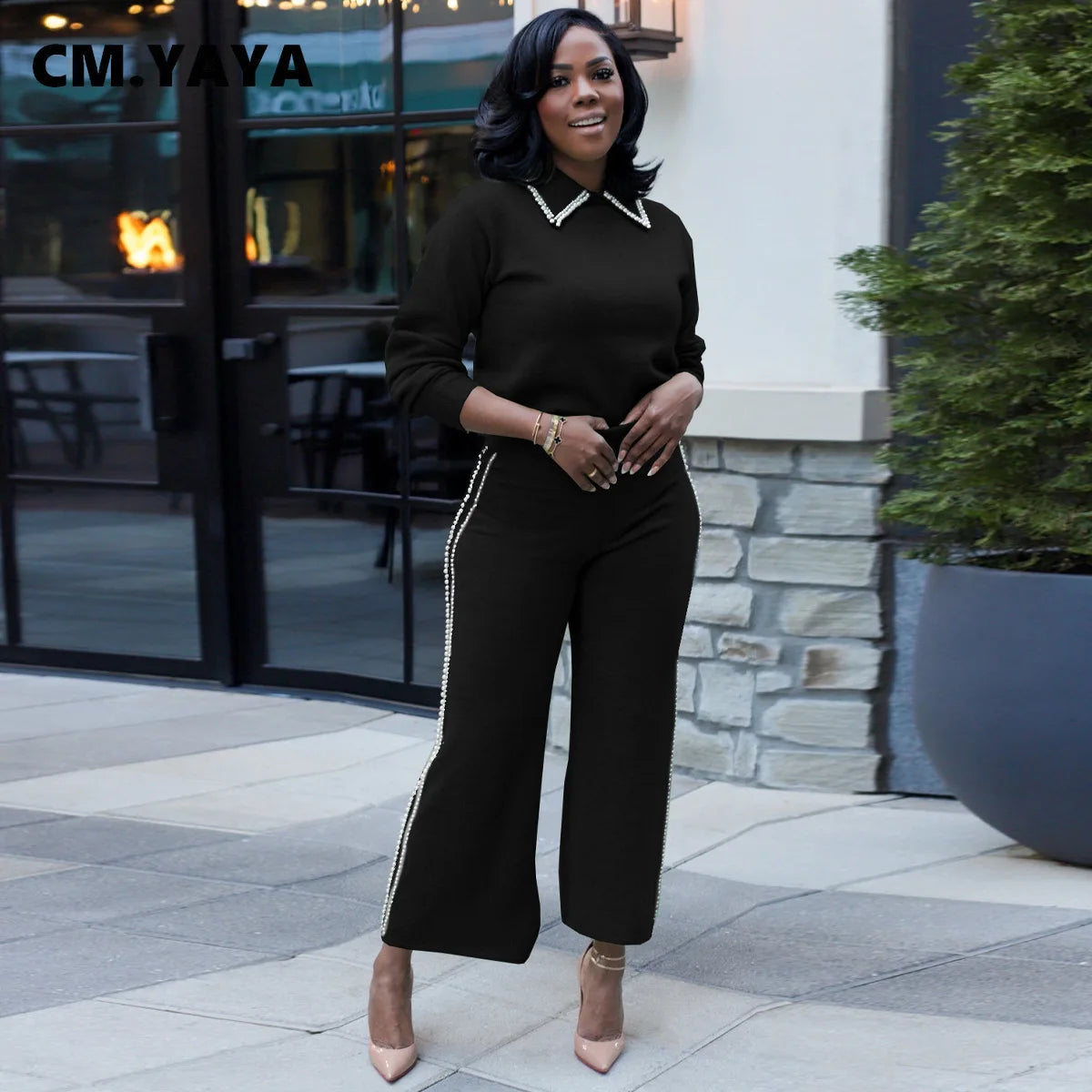 CM.YAYA Fashion Women's Set Full Sleeve Pearl T-Shirt and Wide Leg Pants Suit 2024 Casual Fall Two 2 Piece Sets Outfit Tracksuit - JN Fashion Fusion