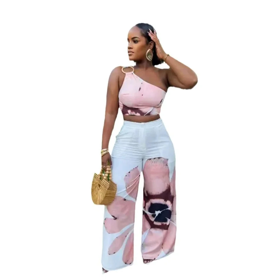 S10831 Euro-American Printing Single Shoulder Slims Smooths Your Silhouette Bell Bottoms 2-Piece Set Fashionable Dress Outfits - JN Fashion Fusion