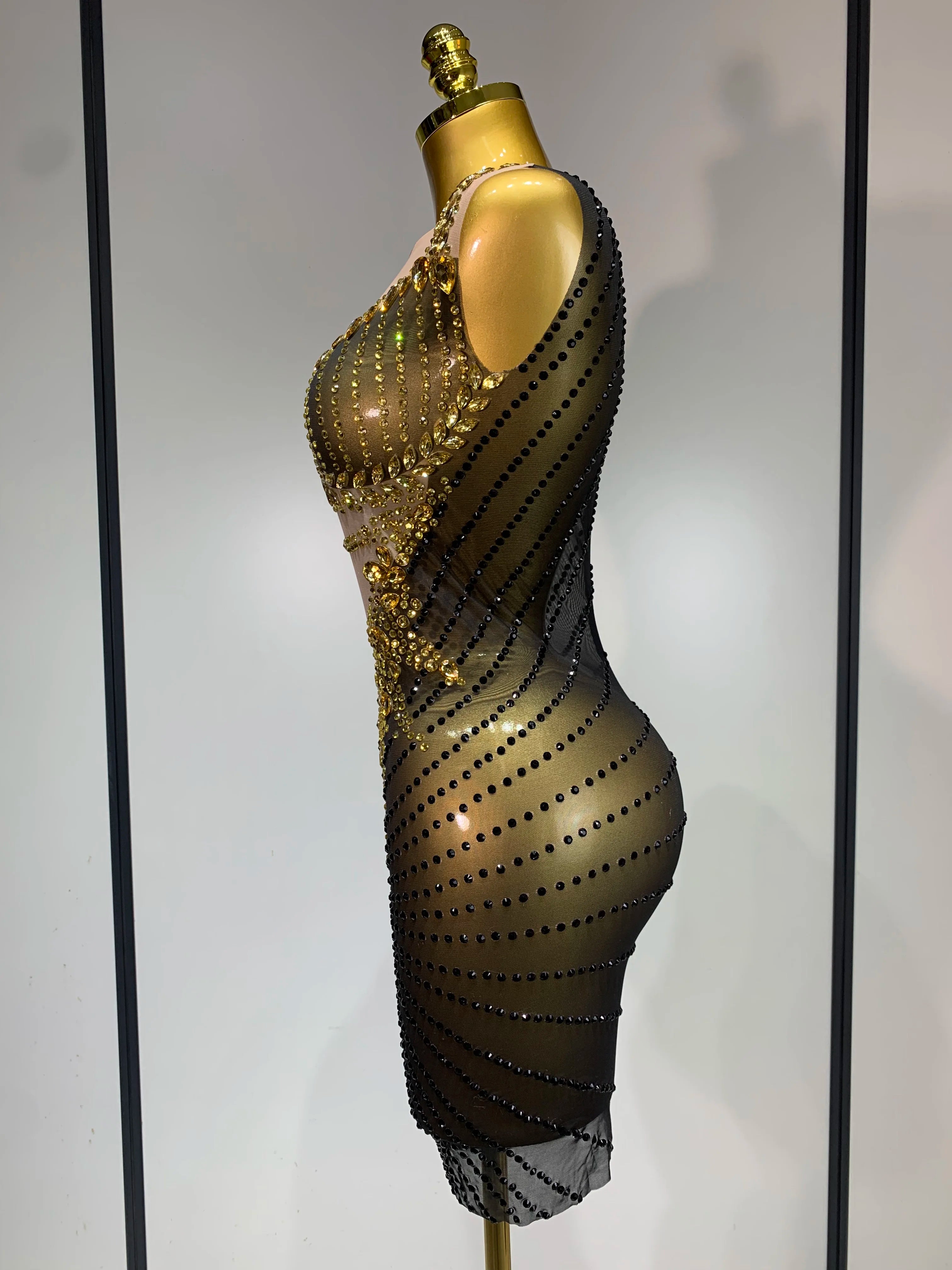 Sparkly Gold Rhinestone Transparent Sleeveless Mini Dress Evening Birthday Celebrate Party Nightclub Dance Performance Outfit - JN Fashion Fusion