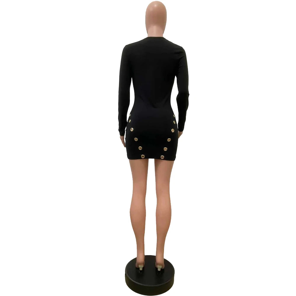 Sexy Metal Hollow Out Black Dress 2025 Fall Fashion Women Long Sleeve Bodycon Dress Elegant Party Birthday Mini Short Dresses - JN Fashion Fusion