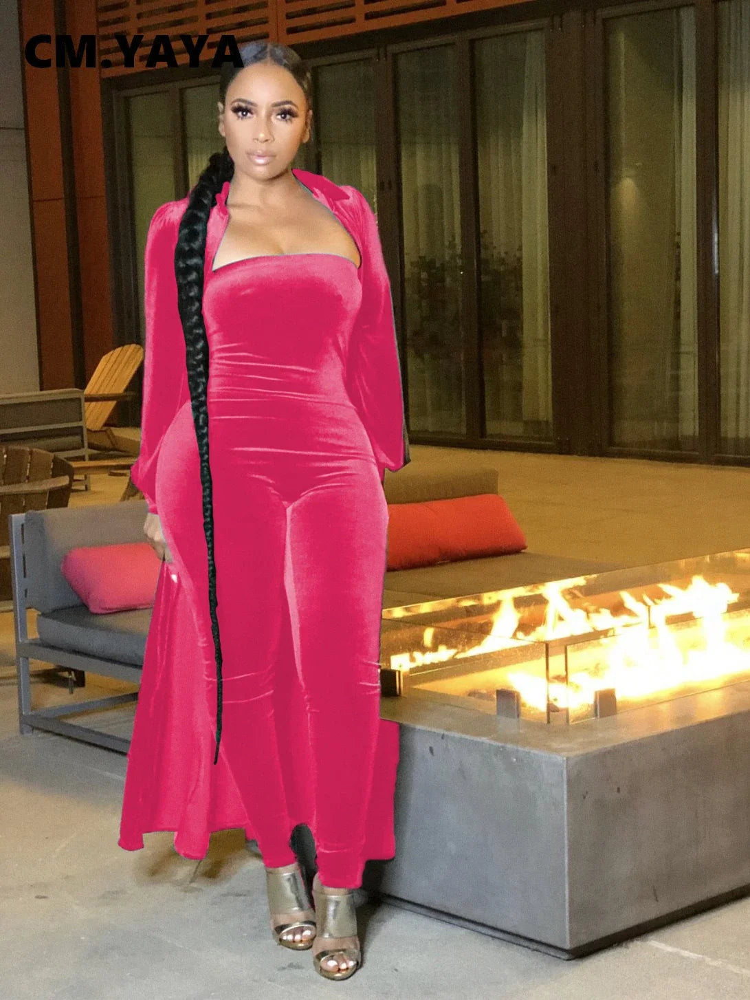 CM.YAYA Vintage Velvet Two 2 Piece Set Outfits for Women Long Sleeve Maxi Cardigan + Strapless Jumpsuit Suit INS 2022 Tracksuit