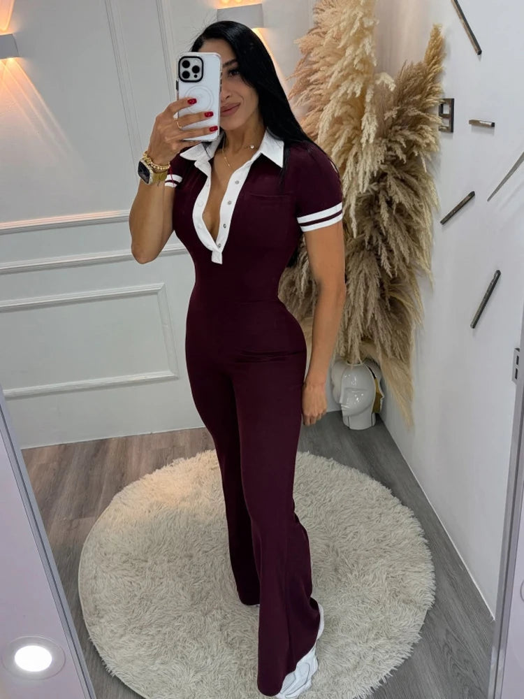 Beyprern Women's Turn-Down Collar Patchwork Wide Legs Jumpsuits Fashion Short Sleeve Stretchy Fitted Overall Night Club Outfits - JN Fashion Fusion