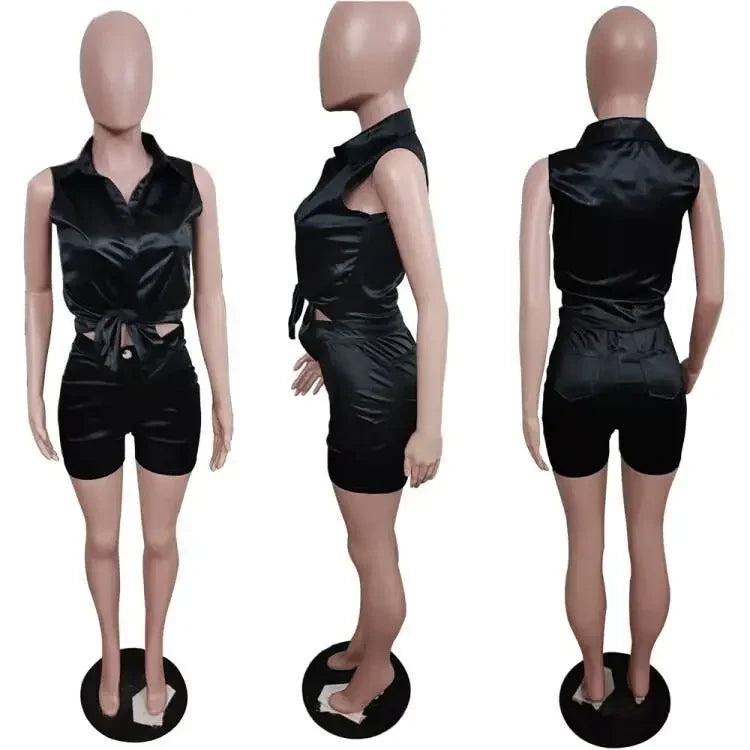 CM.YAYA Elegant Active Women's Set Sleeveless Shirt Top and Shorts Suit Tracksuit Two 2 Piece Set Fitness Outfits 2022 Summer - JN Fashion Fusion