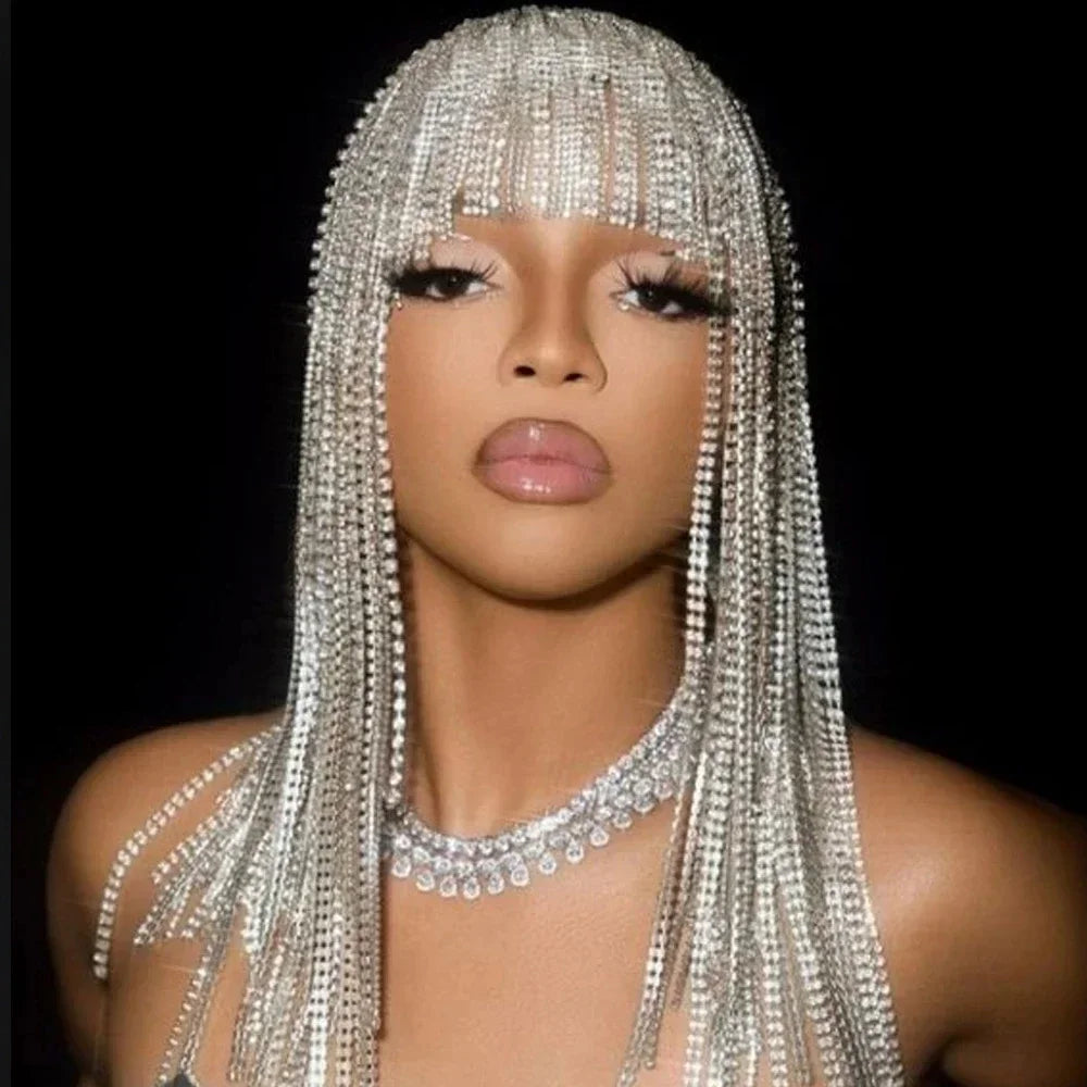 Gorgeous Long Tassel Headpiece Rhinestone Hair Chain Headband Bling Bridal Hat Women Crystal Hollow Head Chain Jewelry - JN Fashion Fusion