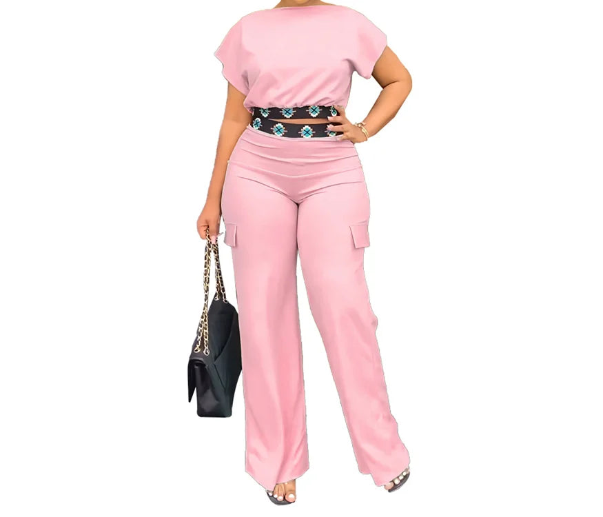Two Piece Sets Women Outifit 2023 Summer Fashion Geometric Print Boat Neck Short Sleeve Crop Top & Casual Pocket Daily Pants Set - JN Fashion Fusion