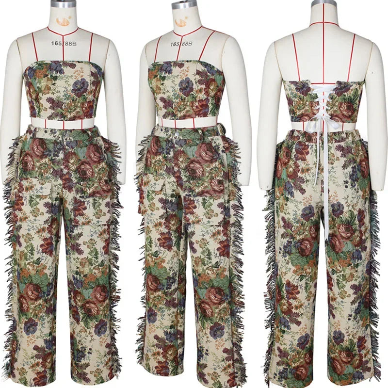 Floral Print Two Piece Set for Women Clothing Outfit Sets Y2K Birthday Party Strapless Crop Top and Side Tassel Wide Leg Pants - JN Fashion Fusion