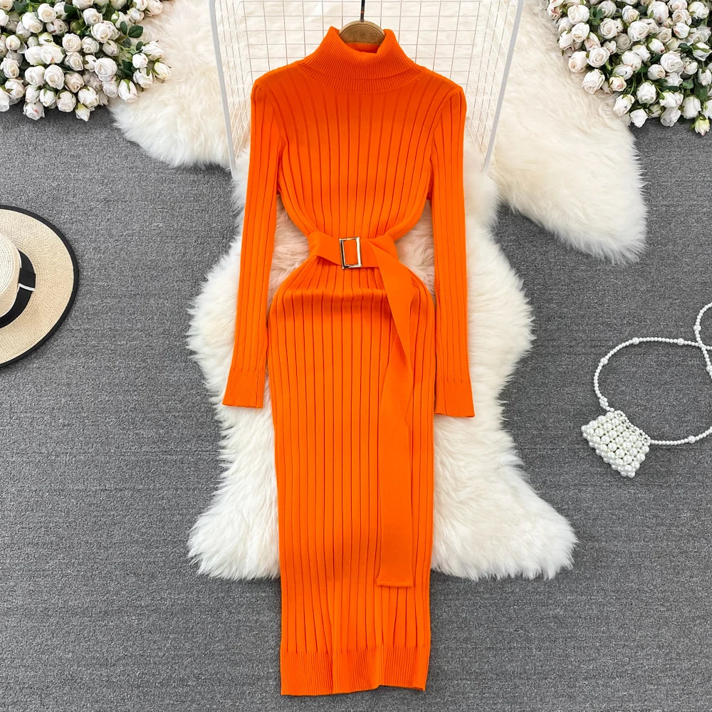 YuooMuoo Ins Hot Turtleneck Sexy Wrap Hips Knitted Dresses Women 2025 Autumn Winter Long Sleeve Bodycon Sweater Dress with Belt