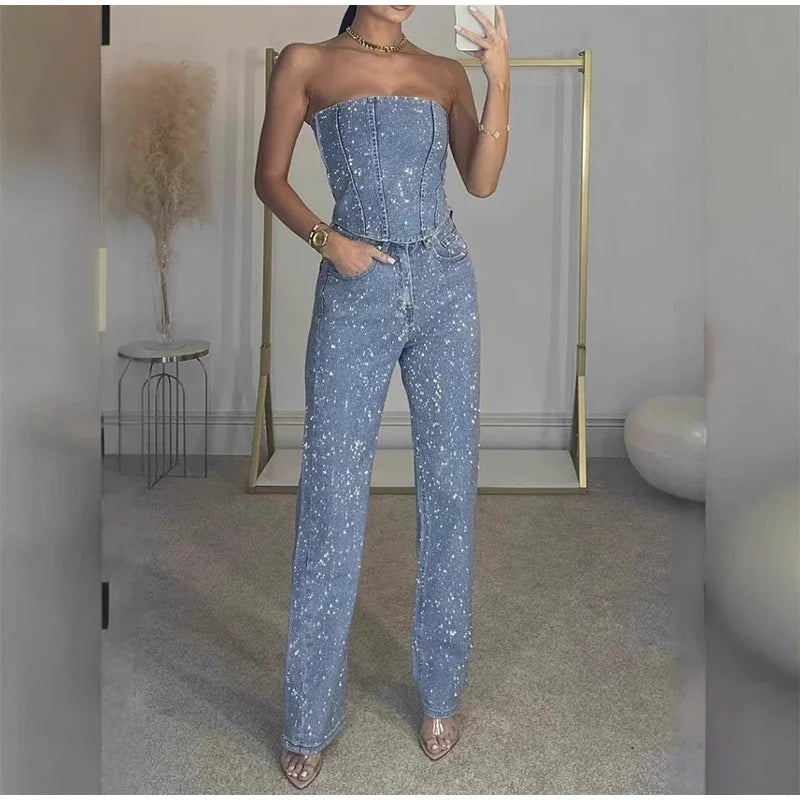 Sexy Women's Sparkling Rhinestone Denim Set Corset Shaping Crop Top Matching Slim Fit Jeans Party Clubwear Cowgirl Style 2pcs - JN Fashion Fusion