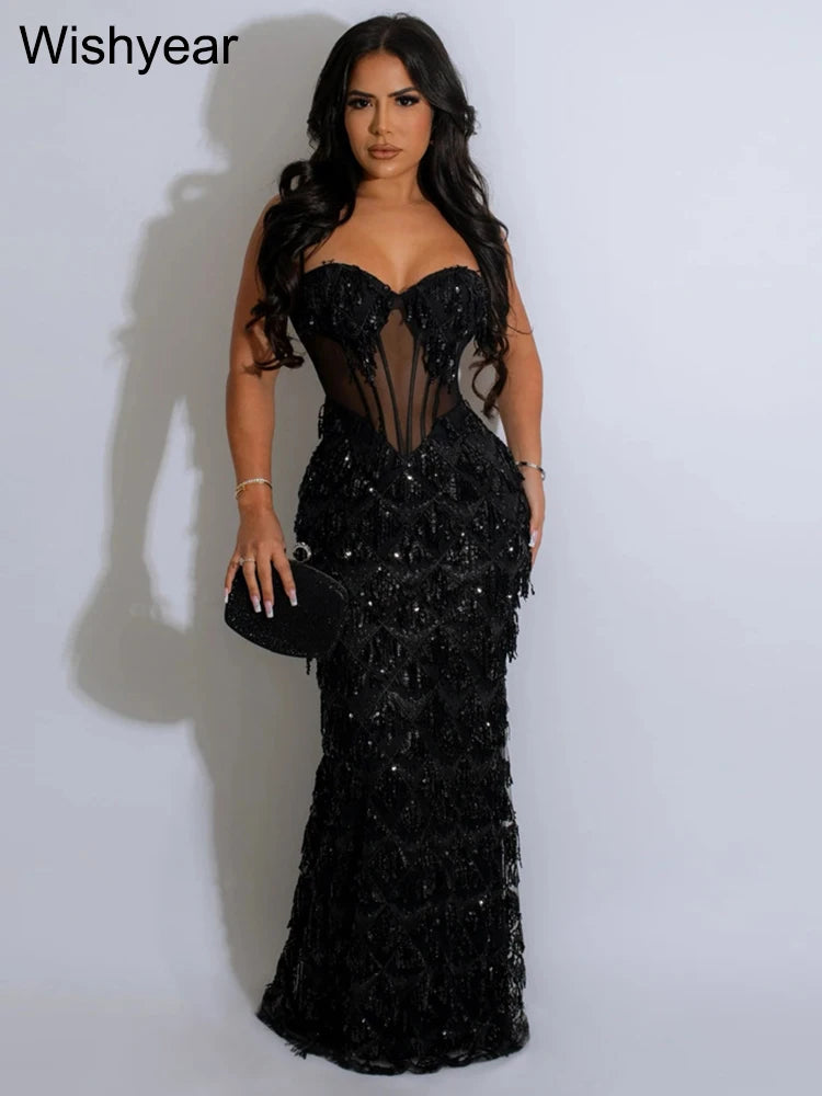 Wishyear Sexy Nightclub Birthday Even Party Dresses for Women Sequined Spaghetti Stap Mesh Patchwork Tunic Bodycon Maxi Vestidos - JN Fashion Fusion