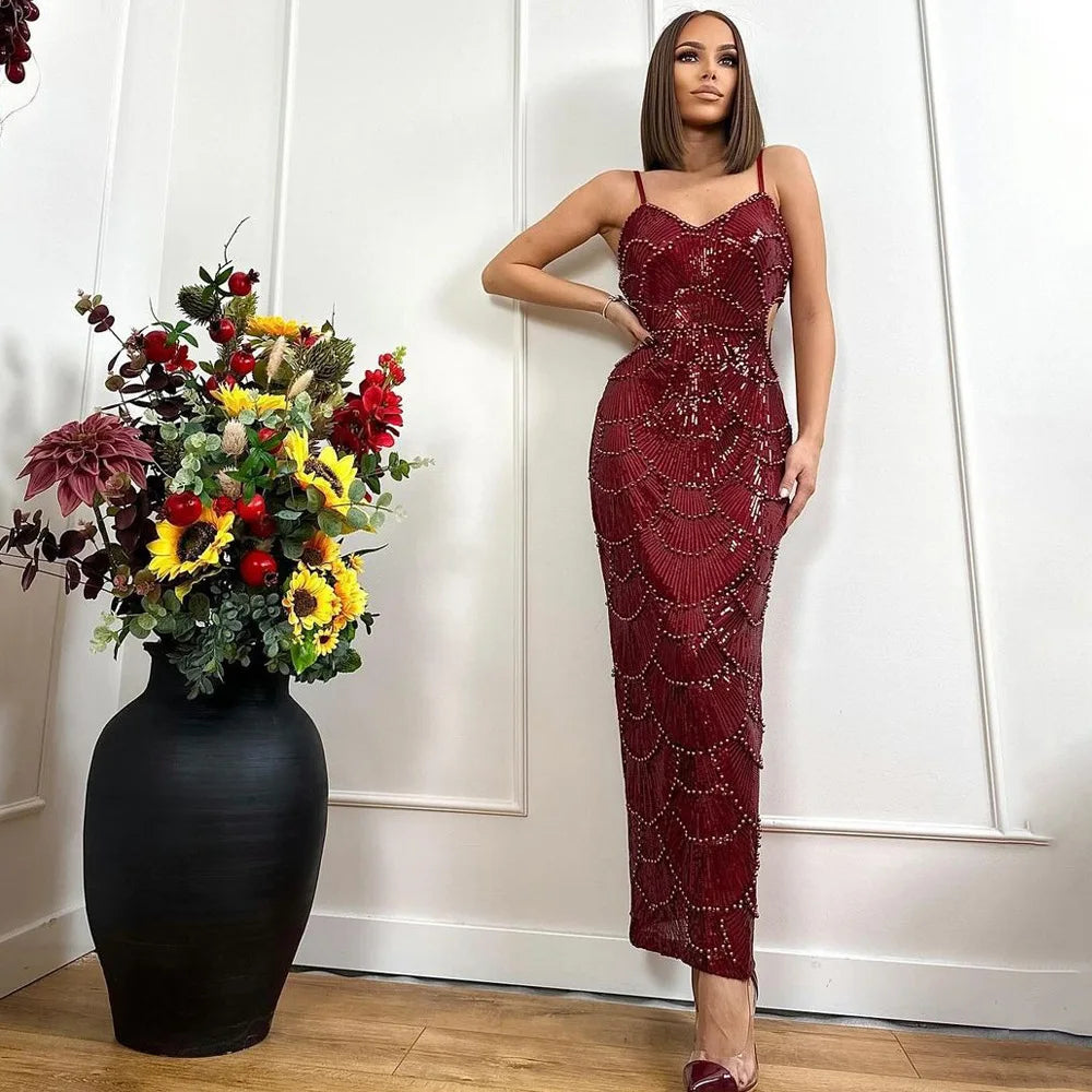 HLJ Sexy Sequin Hollow Bodycon Spaghetti Strap Evening Party Dresses Women Round Neck Sleeveless Slim Vestidos Fashion Clothing - JN Fashion Fusion