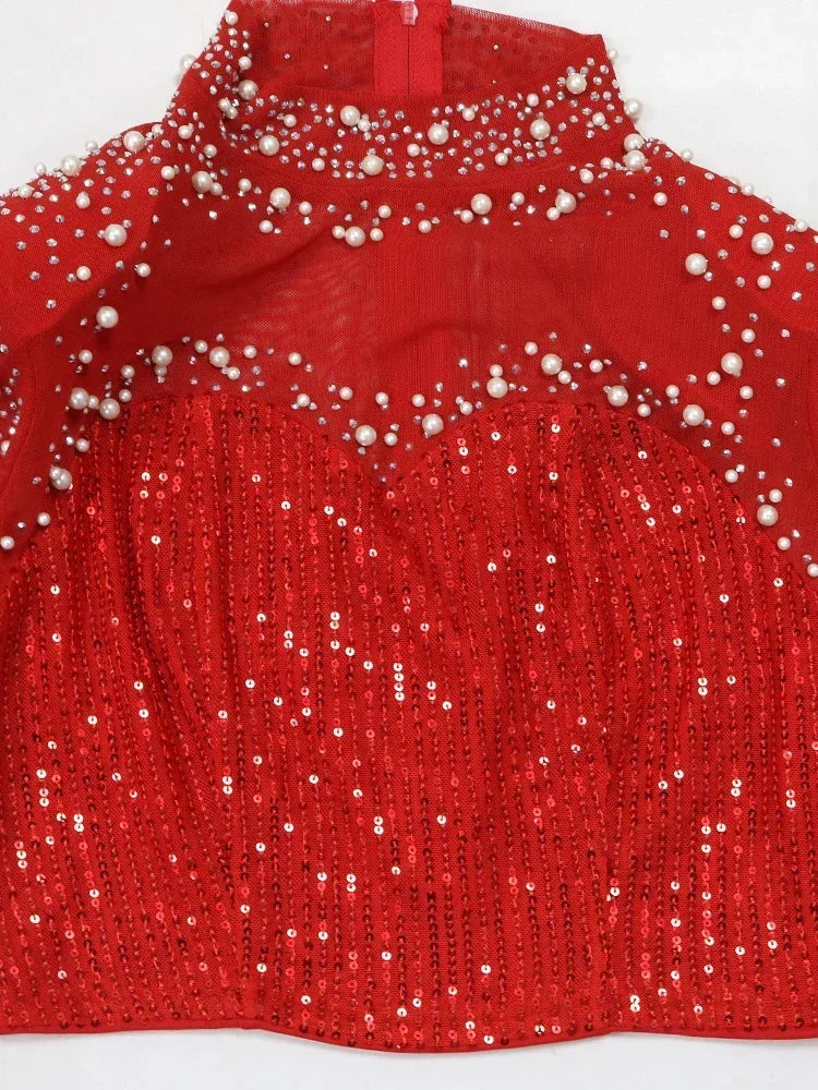 Luxury Sequins Evening Dress Set Beading Diamonds Cropped Tops High Slit Maxi Skirts 2 Piece Outfits Bodycon Party Dinner Gown - JN Fashion Fusion