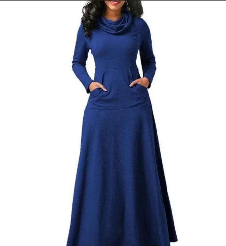 Plus Size 5XL Elegant Long Maxi Dress spring Winter Warm High Collar Women Long-sleeved Dress 2024 Woman Clothing With Pocket - JN Fashion Fusion
