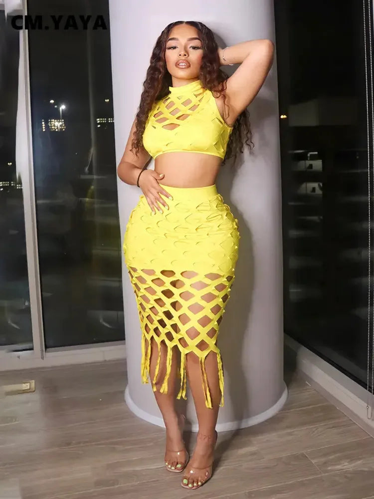 CM.YAYA Women Hollow Out Tassel Bodycon Midi Skirts Set and Sleeveless T-shirt 2023 Summer Party Two 2 Piece Set Outfit Dress - JN Fashion Fusion