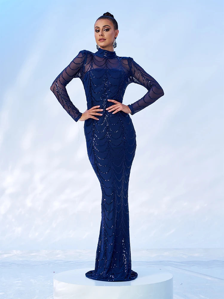 Missord Wave Sequin Party Dresses Elegant Women High Neck Long Sleeves See Though Bodycon Evening Prom Dress With Line Long Gown - JN Fashion Fusion
