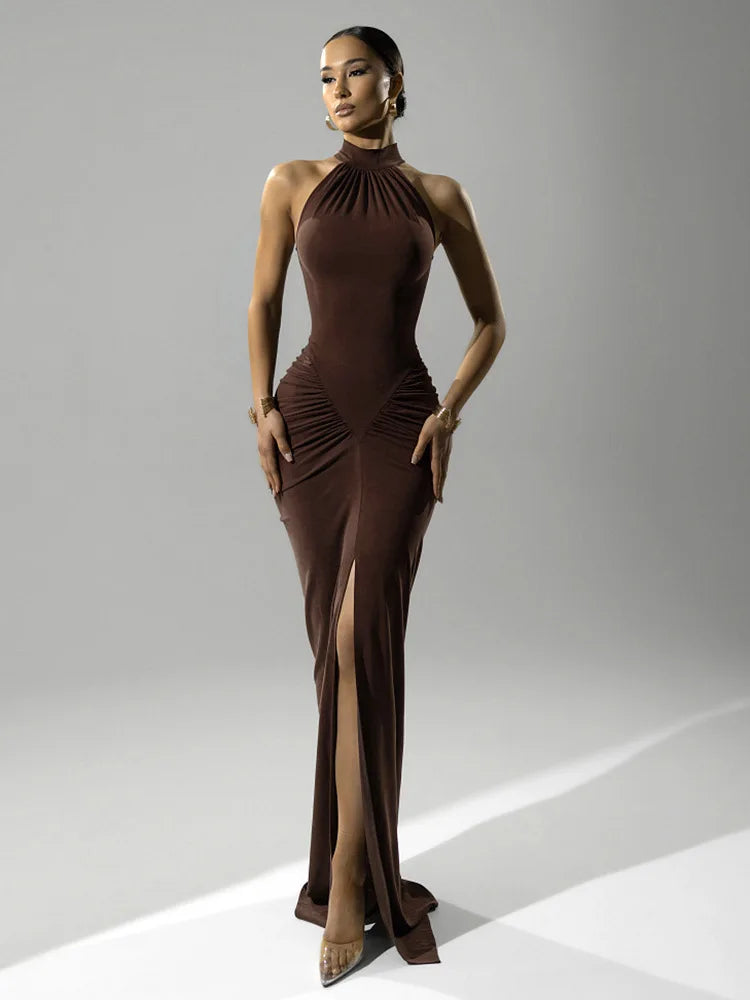 Mozision Halter Ruched Sleeveless Sexy Maxi Dress Women Gown Fashion Slim High Waist Evening Club Party Split Long Dress - JN Fashion Fusion