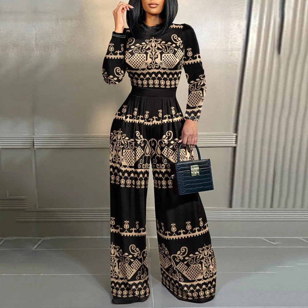 Elegant Women Stand Neck Slim Long Sleeve Bodysuits Fall/winter Fashion Print Wide Leg Rompers Casual Waist Jumpsuits Streetwear - JN Fashion Fusion