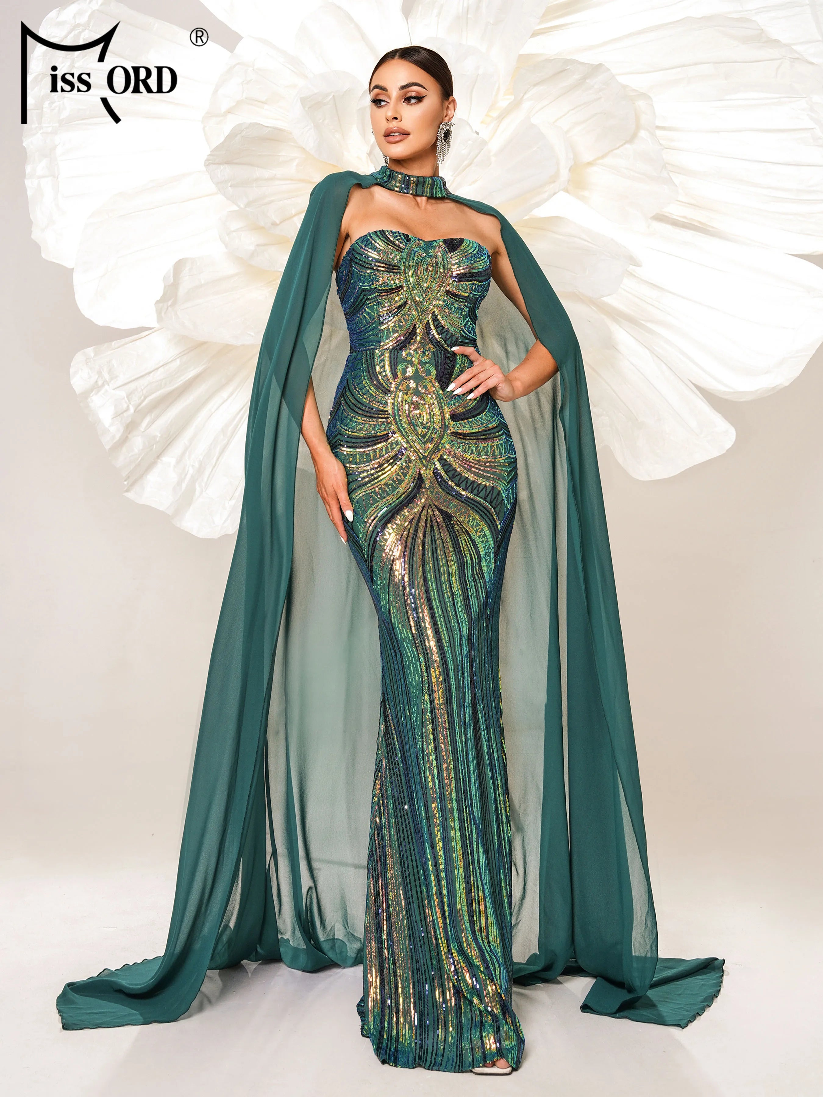 Missord Green Elegant Shawl Floor Length Dress Sequin Mermaid Evening Formal Occasion Wedding Birthday Party Cocktail Dress