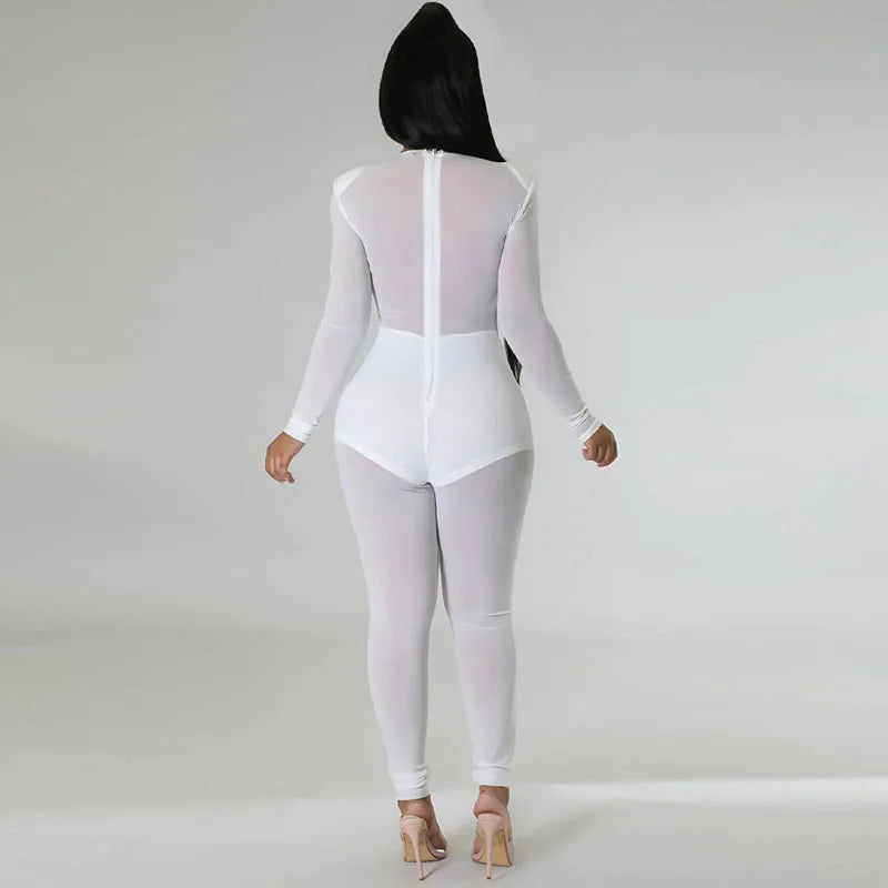 Sexy Mesh Patchwork Sheer Night Club Bodycon Jumpsuit for Women See Through One Piece Rompers Clubwear Party Birthday Outfits - JN Fashion Fusion