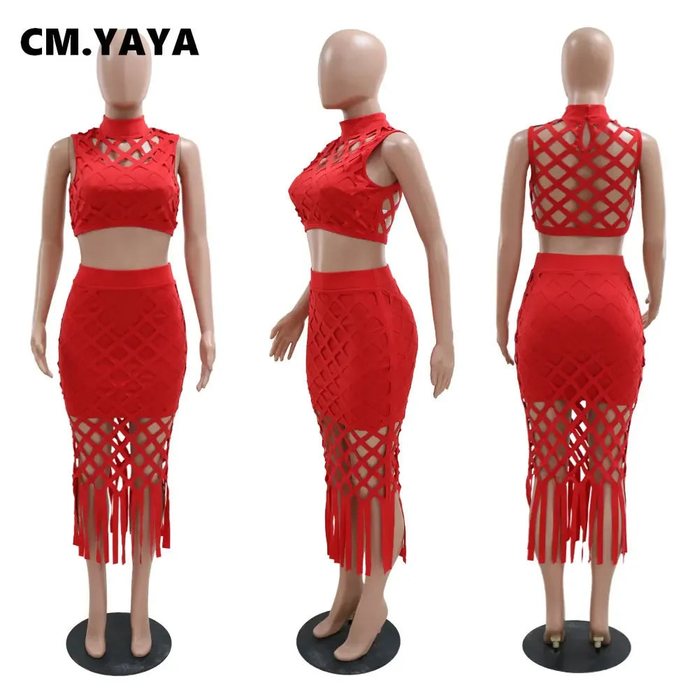 CM.YAYA Women Hollow Out Tassel Bodycon Midi Skirts Set and Sleeveless T-shirt 2023 Summer Party Two 2 Piece Set Outfit Dress - JN Fashion Fusion