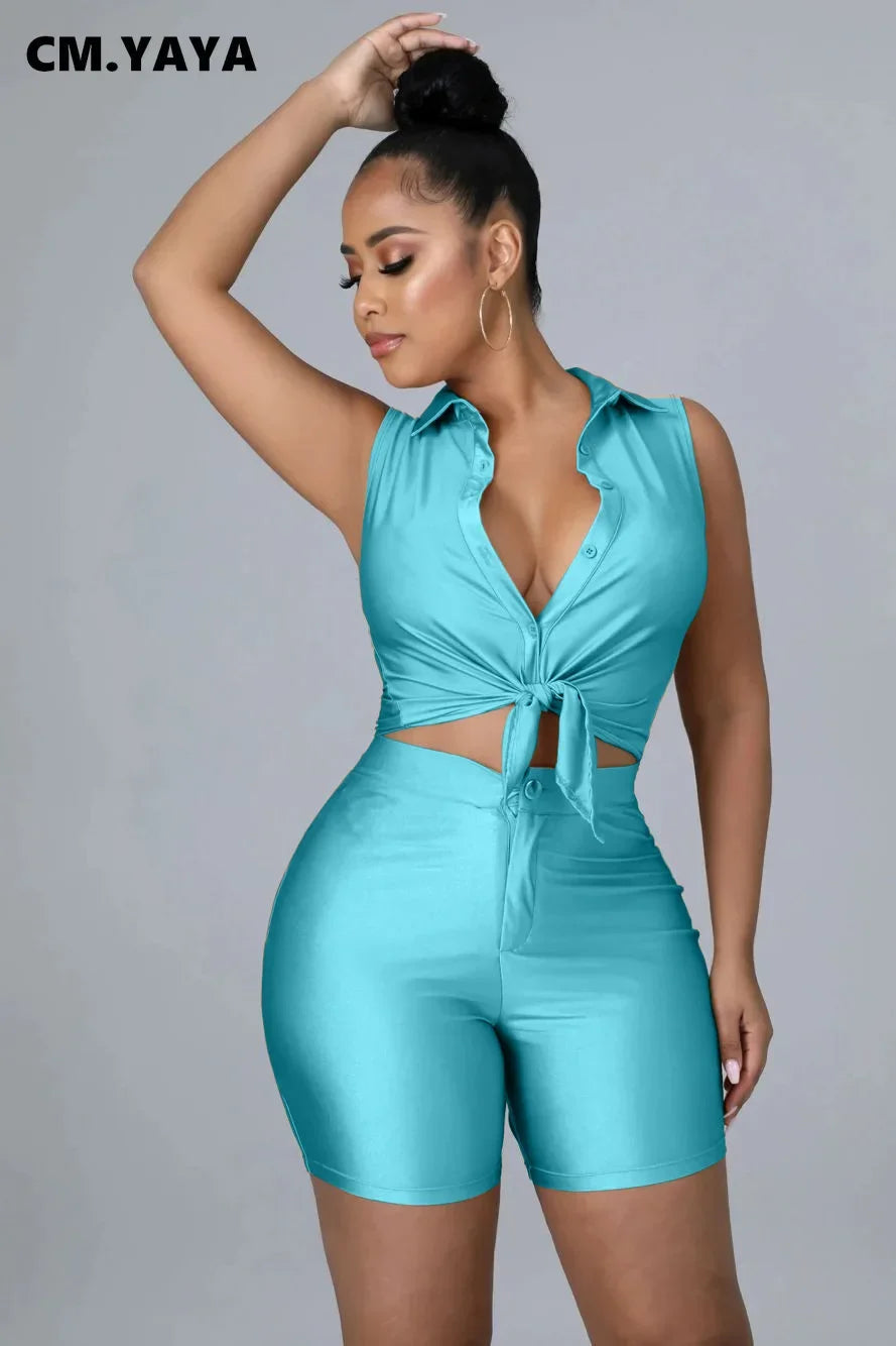 CM.YAYA Elegant Active Women's Set Sleeveless Shirt Top and Shorts Suit Tracksuit Two 2 Piece Set Fitness Outfits 2022 Summer - JN Fashion Fusion