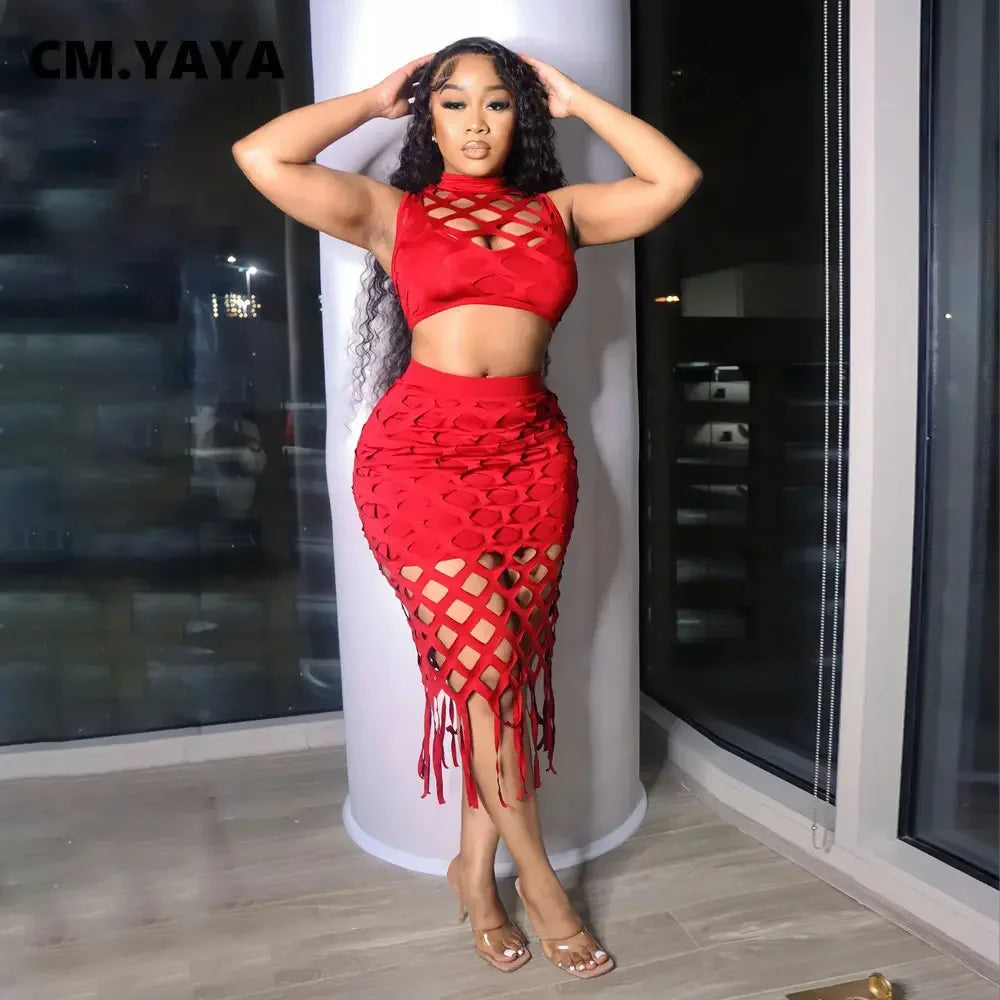CM.YAYA Women Hollow Out Tassel Bodycon Midi Skirts Set and Sleeveless T-shirt 2023 Summer Party Two 2 Piece Set Outfit Dress - JN Fashion Fusion