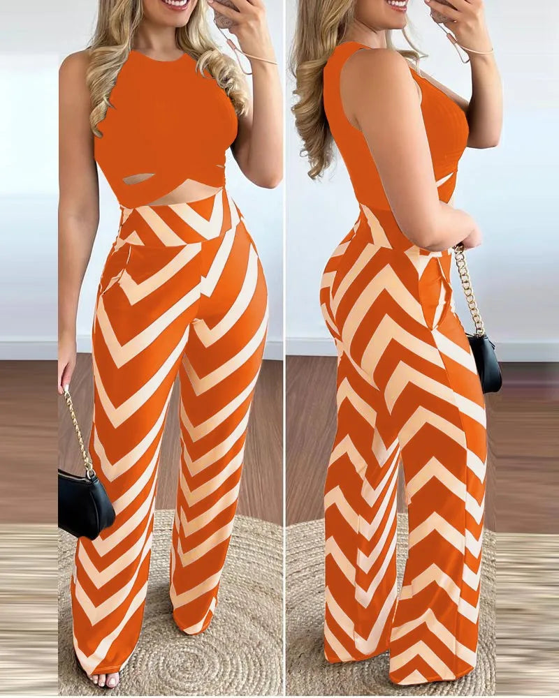 Spring Summer New Sleeveless Short Top Women's Suit Fashion Printed Trousers Slim Slim Simple Elegant Female Office 2 Piece Set - JN Fashion Fusion