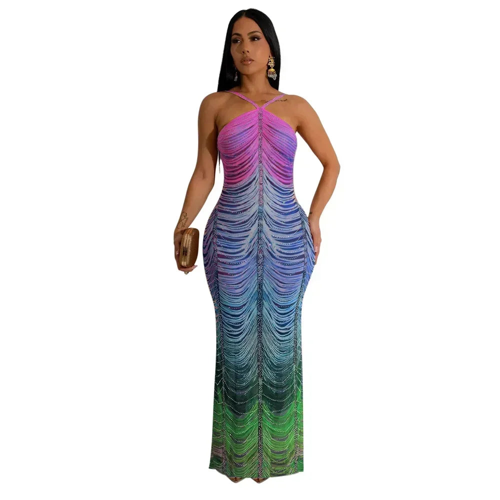 CM.YAYA 2024 Beach Tie Dye Print Diamonds Strap Halter Women's Long Dress Sexy Night Party Sleeveless Bodycon Pencil Dresses - JN Fashion Fusion